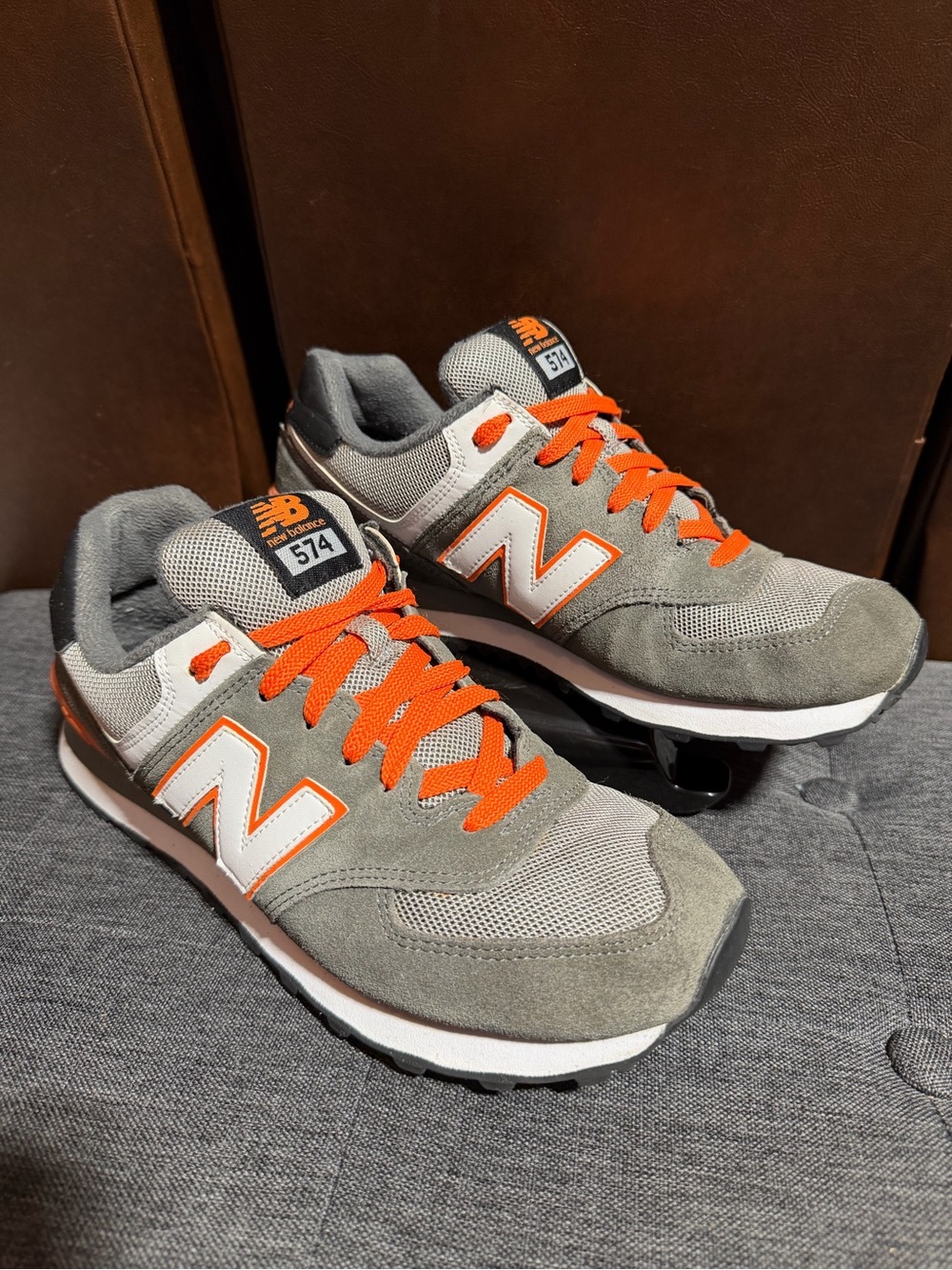New Balance Gray Suede & Mesh Sneakers with Orange Accents - Picture 4 of 7